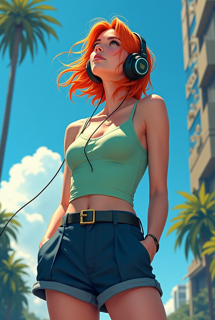 A captivating high-energy digital illustration set in a futuristic, dark fantasy environment, featuring a stylish young woman with vibrant orange hair. Her casual attire of a light green tank top and dark blue shorts adds a touch of modern flair to the scene, while a sleek pair of headphones rests on her ears, signifying her connection to the world. The woman gazes upwards with an introspective expression, juxtaposed against the clear blue sky above. Her relaxed posture conveys a sense of peace and contentment amidst the darker elements of the setting, creating a bold and dynamic image that is both striking and serene., illustration, vibrant