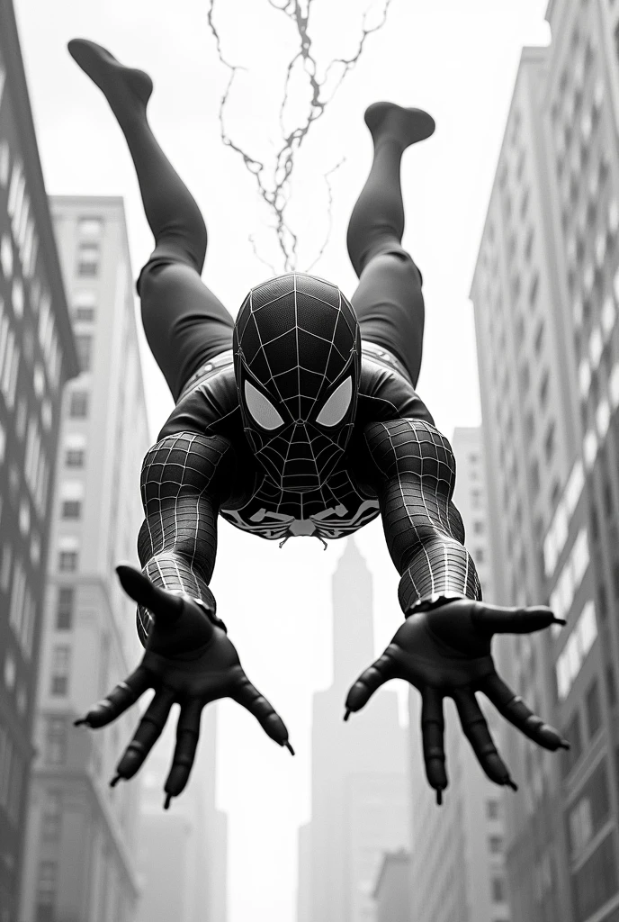 Spiderman falling from the sky in black and white but with two hands but free fall and looking at me so that it can be seen that he comes from the sky and throwing spider web but with feet towards the sky the suit looks black and white as if to paint