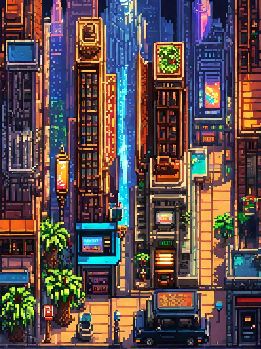 retro vintage game, classic 8-bit pixelated video game, natta, stele, Thu, detailed pixel art, detailed environmental elements, Nova York,highly detailed pixel city design, beautiful vivid colors, Immersive atmosphere, small details, nostalgia, (best quality, swirly vibrant colors, 8k, high resolution, Artwork:1.2),ultra details,(realisitic,photorealisitic,photo-realisitic:1.4),studio lighting,extremely detailed pixel art,extremly detailed face and eyes,extremely detailed pixel textures,incredibly intricate pixel-level detail,striking colors,swirly vibrant colors,lush pixel environment