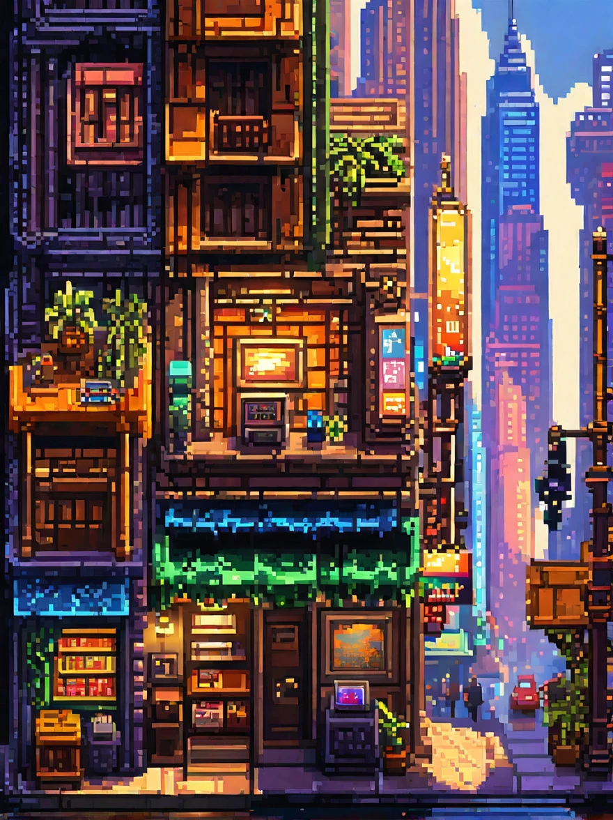 retro vintage game, classic 8-bit pixelated video game, natta, stele, Thu, detailed pixel art, detailed environmental elements, Nova York,highly detailed pixel city design, beautiful vivid colors, Immersive atmosphere, small details, nostalgia, (best quality, swirly vibrant colors, 8k, high resolution, Artwork:1.2),ultra details,(realisitic,photorealisitic,photo-realisitic:1.4),studio lighting,extremely detailed pixel art,extremly detailed face and eyes,extremely detailed pixel textures,incredibly intricate pixel-level detail,striking colors,swirly vibrant colors,lush pixel environment