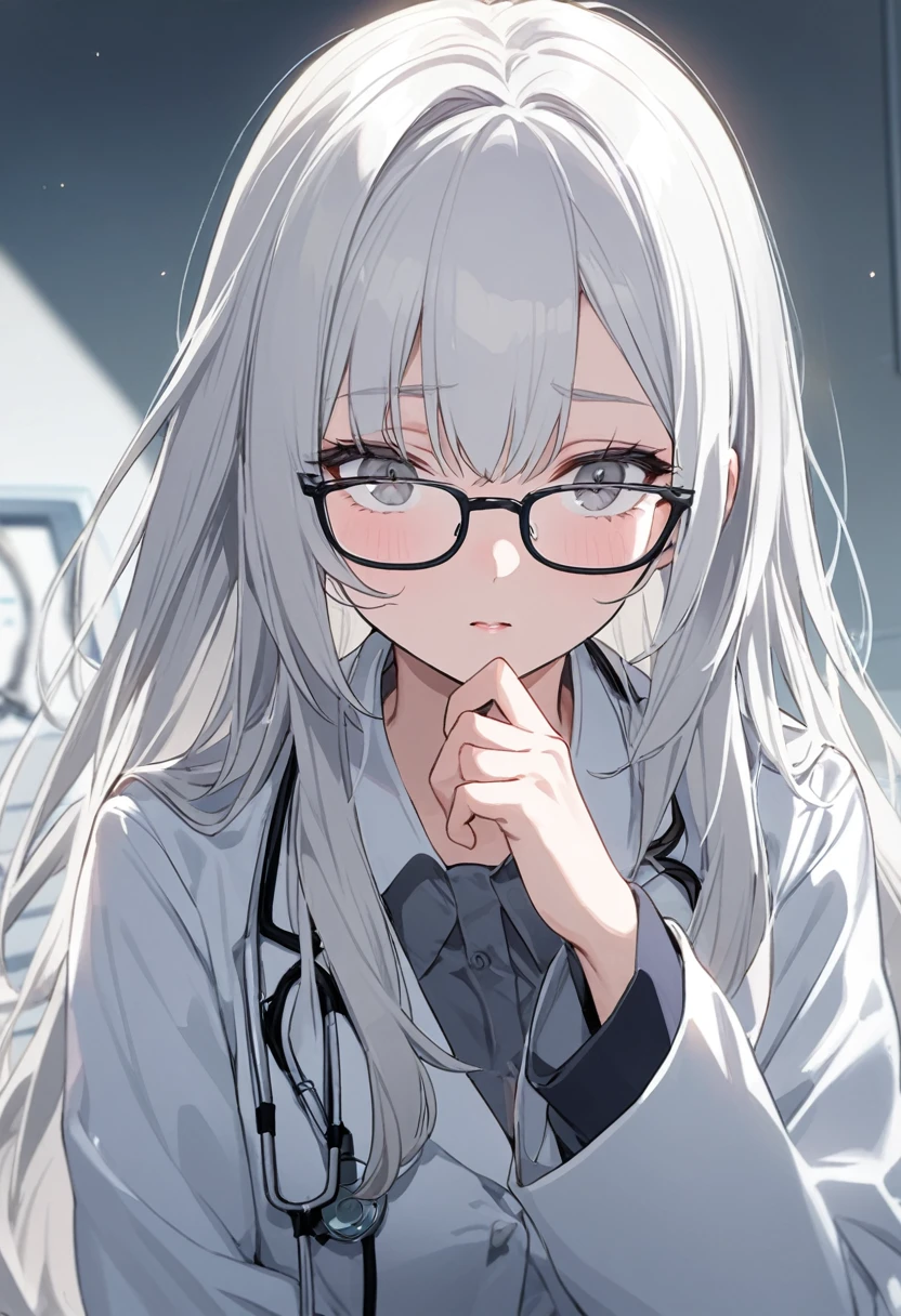older sister, alone, White Hair, Long Hair, Glasses, Grey Eyes, Doctor&#39;s uniform, Untidy atmosphere, Tired face, Shocked face,