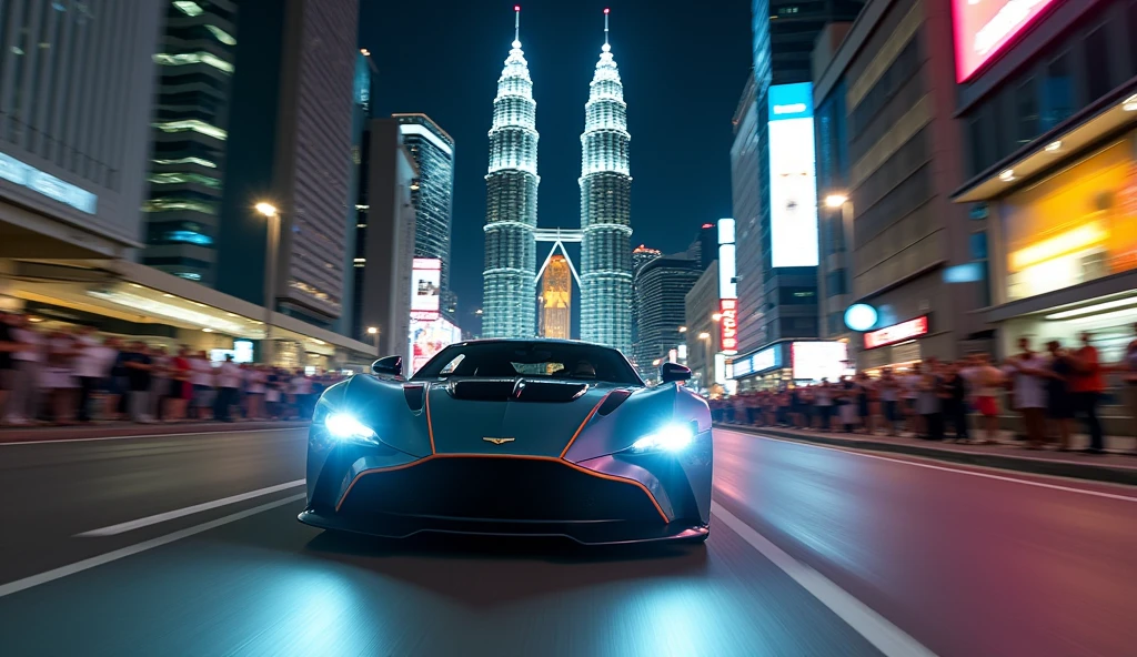 a photo of a Aston Martin Vulcan ((front view))drifting on a road through Kuala Lumpur city centre, with KLCC Twin Tower in the background, with crowd watching from pavement, night time, busy city, neon lights, detailed and realistic photo. High resolution photo