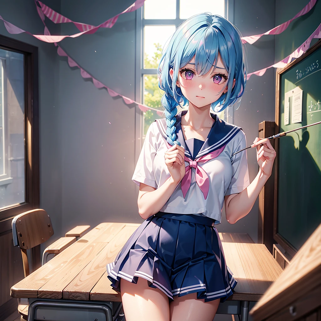 Sky blue hair,Braided short hair,Pink Eyes,Fair skin,whole body,one person,Embarrassed,The background is a school classroom,Heart lettering on a blackboard,Heart-shaped chocolate,Hand it forward with both hands,Sailor suit),valentineday,masterpiece, Highest quality, Very detailed, Best Shadow,Detailed Background,Beautifully detailed face,High Contrast,Best lighting,Very delicate and beautiful,Cinematic Light,Hyper Detail,8k,Dramatic Light, Intricate details,