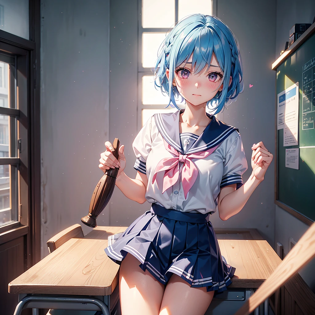 Sky blue hair,Braided short hair,Pink Eyes,Fair skin,whole body,one person,Embarrassed,The background is a school classroom,Heart lettering on a blackboard,Heart-shaped chocolate,Hand it forward with both hands,Sailor suit),valentineday,masterpiece, Highest quality, Very detailed, Best Shadow,Detailed Background,Beautifully detailed face,High Contrast,Best lighting,Very delicate and beautiful,Cinematic Light,Hyper Detail,8k,Dramatic Light, Intricate details,