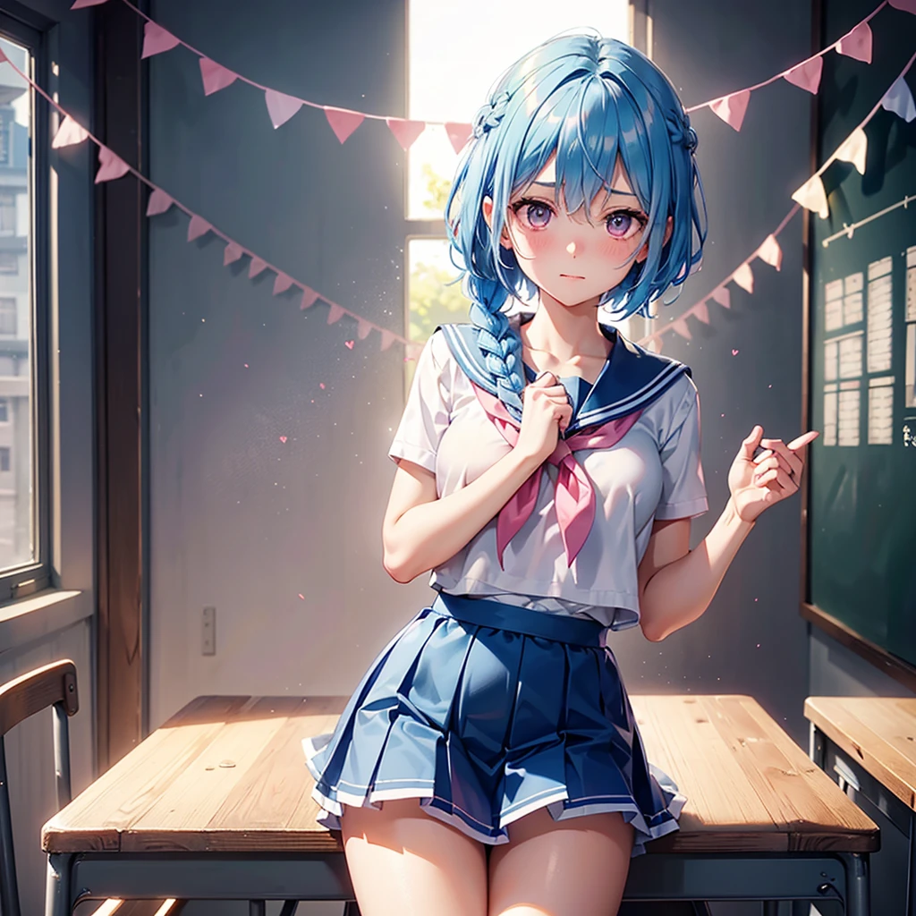 Sky blue hair,Braided short hair,Pink Eyes,Fair skin,whole body,one person,Embarrassed,The background is a school classroom,Heart lettering on a blackboard,Heart-shaped chocolate,Hand it forward with both hands,Sailor suit),valentineday,masterpiece, Highest quality, Very detailed, Best Shadow,Detailed Background,Beautifully detailed face,High Contrast,Best lighting,Very delicate and beautiful,Cinematic Light,Hyper Detail,8k,Dramatic Light, Intricate details,