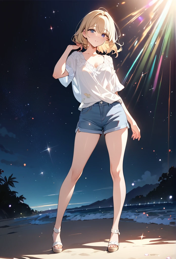 ((masterpiece)),(((Highest quality))),Thin thighs,Long legs,whole body:1.5，(One Girl:1.3),(More beautiful casual summer outfits：1.3),(Wearing light casual clothes:1.2),Short Blonde:1.2、Model pose，Gravure idol、
、flowerpunk、Sparkling light particles、Vivid gradient effect