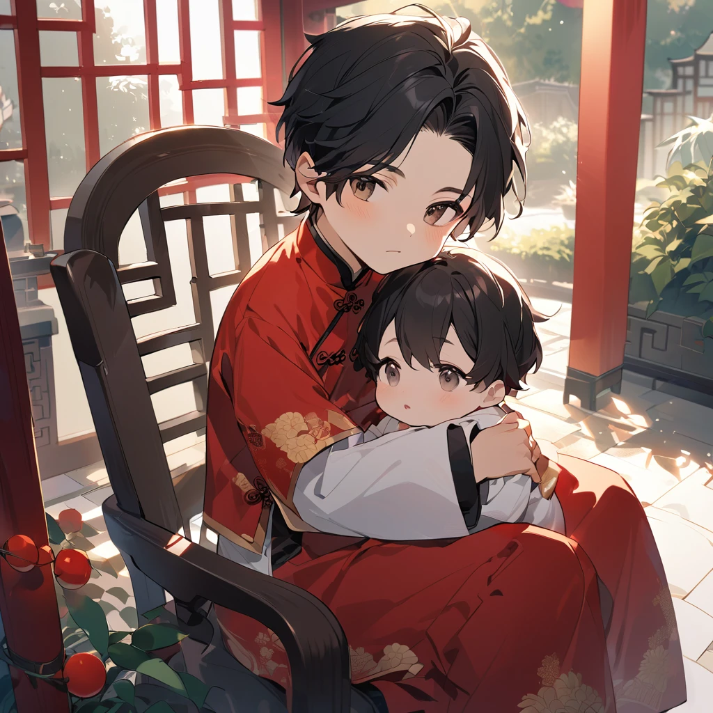 A handsome young man with a good face and a gentle face, he wearing a white ancient Chinese costume, sitting on a chair, hugging his little sister, who is 1 year old, black hair, in a red Chinese New Year costume. In the morning, there is sunlight shining in the front yard garden.