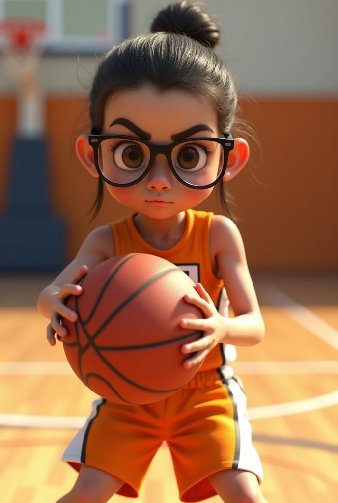 blind girl with glasses playing basketball , wearing an orange uniform