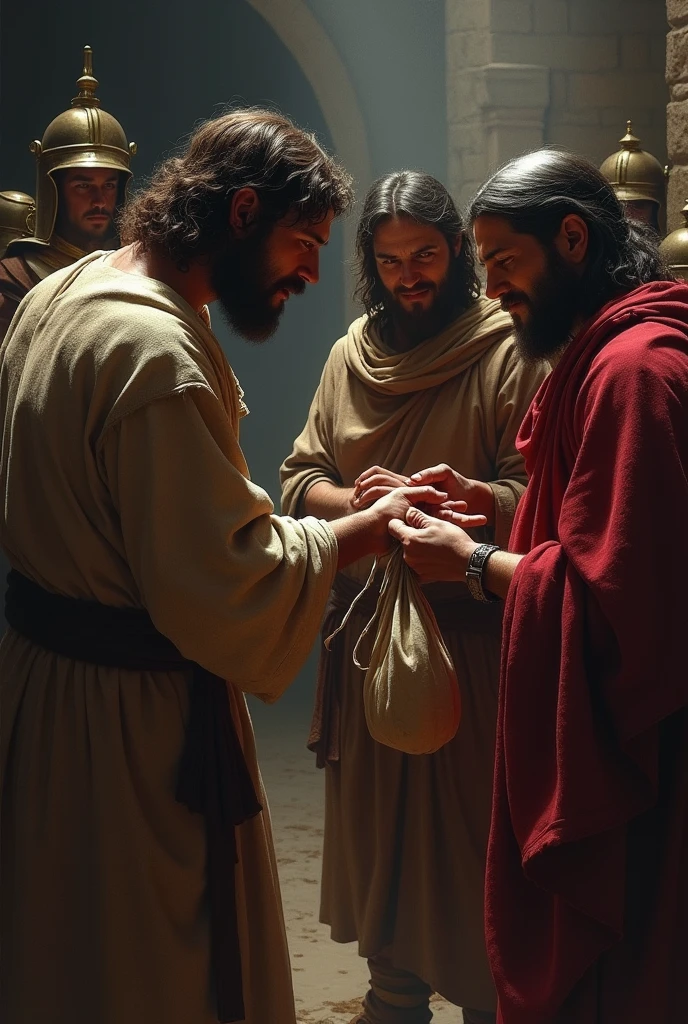 Judas Escariote dressed in a disgraceful manner with a traitorous air who speaks with Roman soldiers in the ear with a small bag of money in his hand