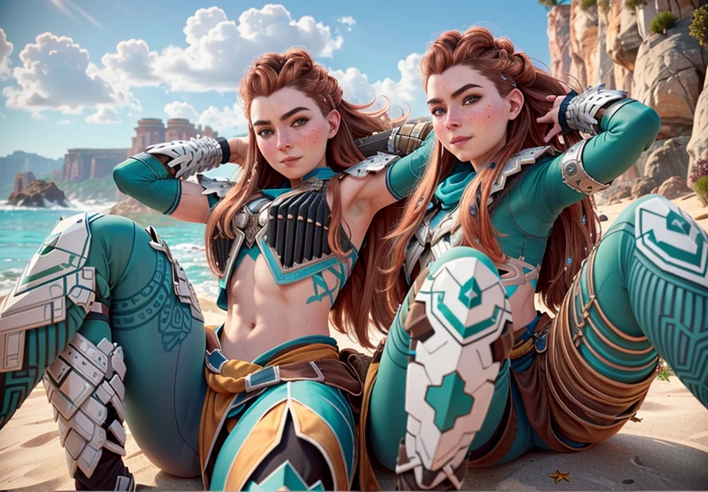 AloyHorizon, 1solo, 1girl, long hair, smile, red hair, hair ornament, navel, brown eyes, weapon, braid, parted lips, sky, day, midriff, red hair, armor, blue sky, tattoo, ocean, looking away, thick eyebrows, shoulder armor, freckles, showing armpits and pussy half naked. Shaved armpits, full body. 