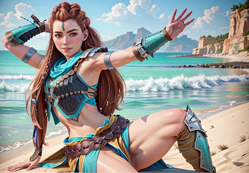 AloyHorizon, 1solo, 1girl, long hair, smile, red hair, hair ornament, navel, brown eyes, weapon, braid, parted lips, sky, day, midriff, red hair, armor, blue sky, tattoo, ocean, looking away, thick eyebrows, shoulder armor, freckles, showing armpits and pussy half naked. Shaved armpits, full body.