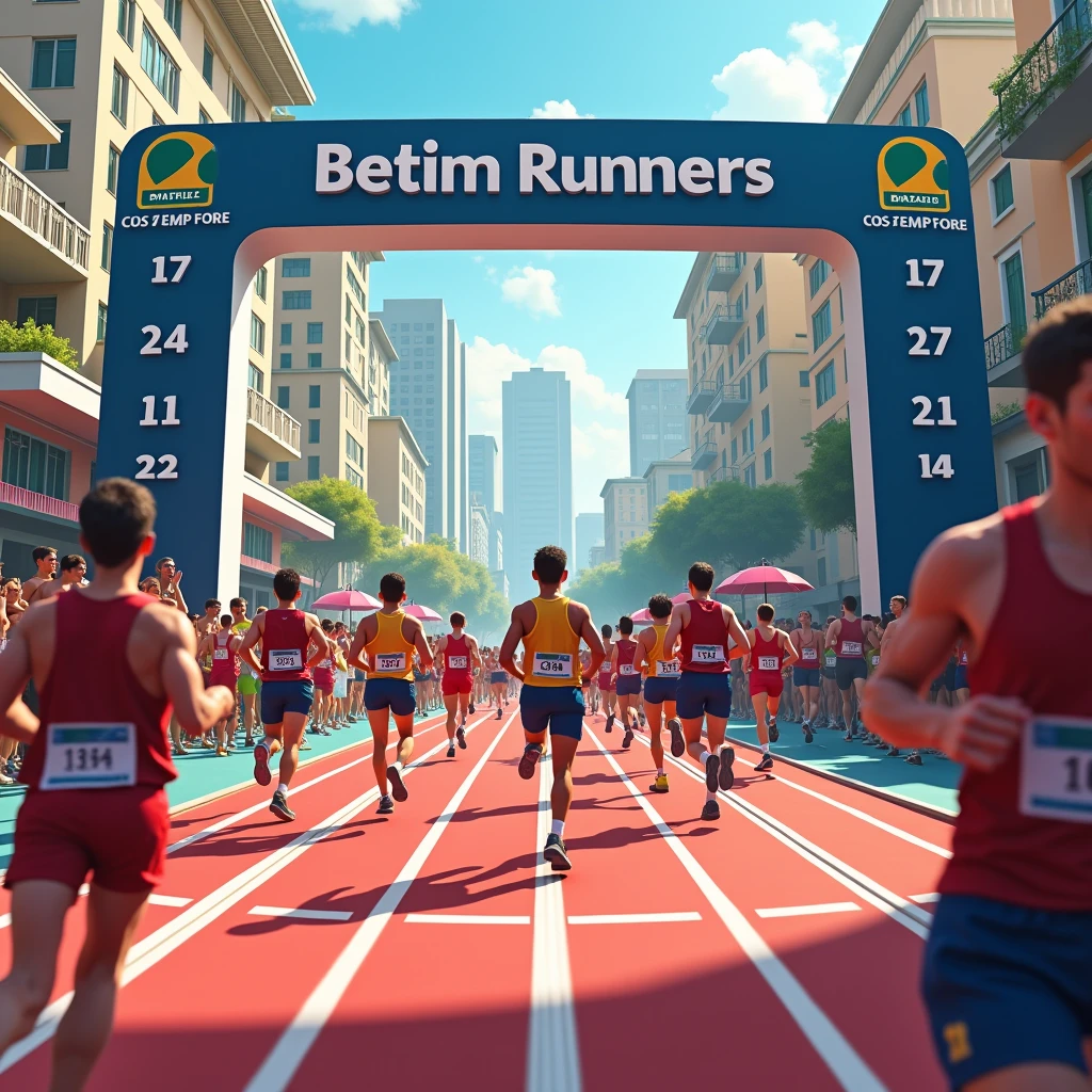 Race disclosure, track on the street, square, written sign "Betim Runners", red and blue colors, city background, date on plate 17/11/24, athlete chest number, medal, trophy, many athletes, brazileiro