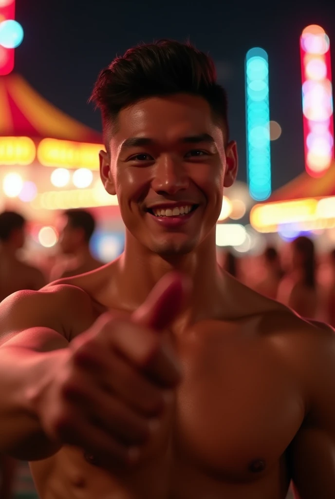 photorealistic, best quality, masterpiece, extremely detailed, , homotremely handsome, 25 year old filipino man, very muscular build, big smile, relaxed attire, pov holding your hand, at funfair carnival, at midnight, dramatic shadows, extremely romantic atmosphere, perfect face, perfect fingers, perfect hands, perfection