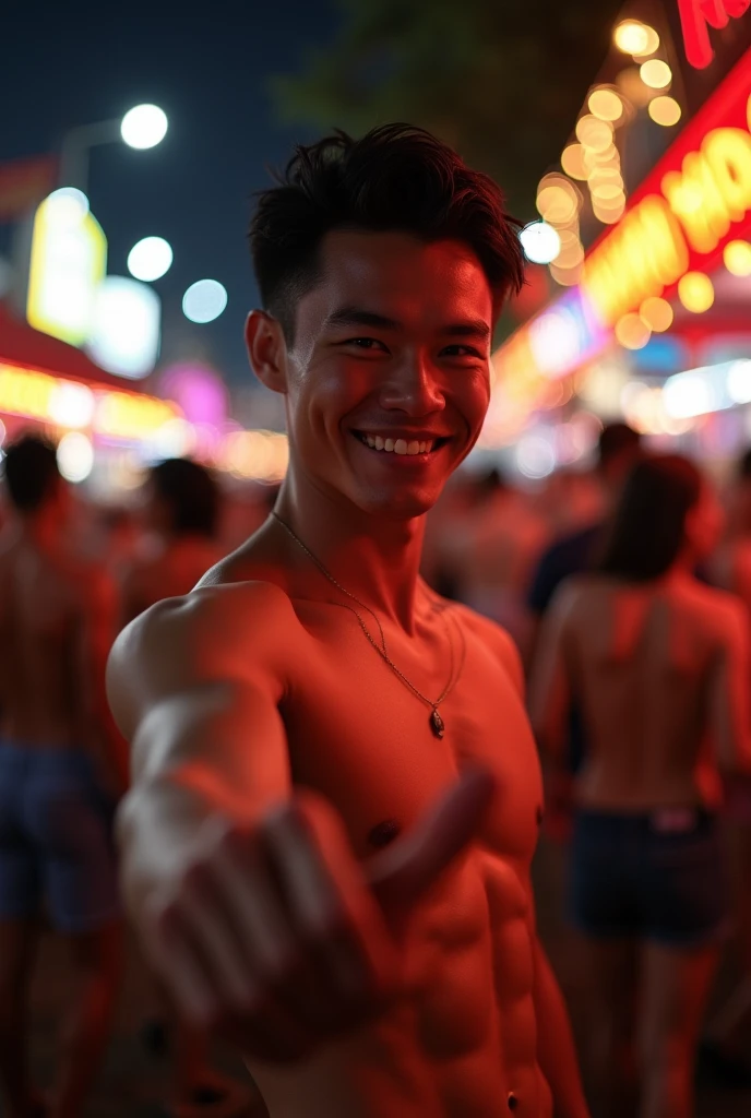 photorealistic, best quality, masterpiece, extremely detailed, y, homxtremely handsome, 25 year old filipino man, very muscular build, big smile, relaxed attire, pov holding your hand, at funfair carnival, at midnight, dramatic shadows, extremely romantic atmosphere, perfect face, perfect fingers, perfect hands, perfection