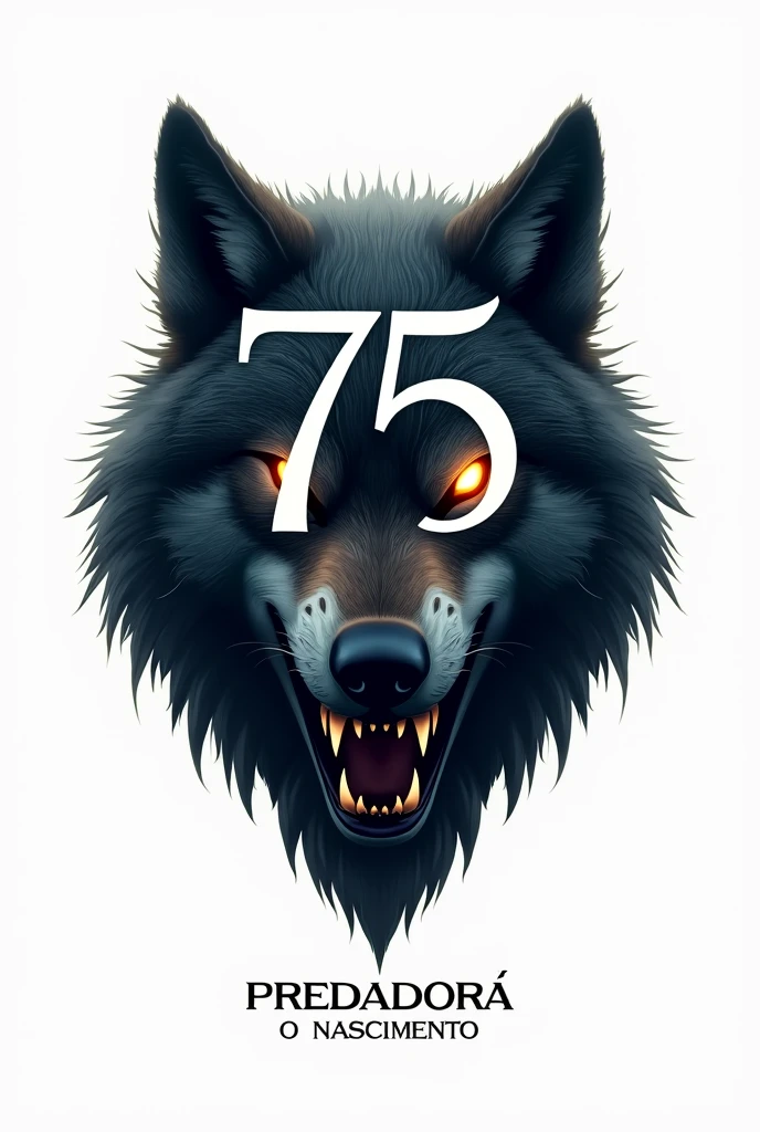 A striking cinematic logo for "75 PREDADOR🐺 - O NASCIMENTO" features a stylized, menacing wolf's head, with its jaws open, revealing sharp, glowing teeth. The number '75' is intricately designed and placed in the wolf's eye, while the phrase "O NASCIMENTO" (The Birth) is inscribed in a bold, modern typeface beneath. The backdrop is a white gradient, creating a dramatic and powerful effect, perfect for a movie poster or opening credits., cinematic, typography
