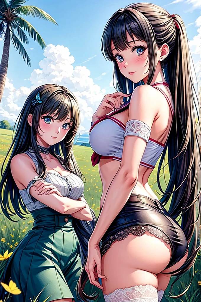 all intricate details, realistic anime, 2 girls on vacation in sexy clothes on a meadow playing with a butterfly