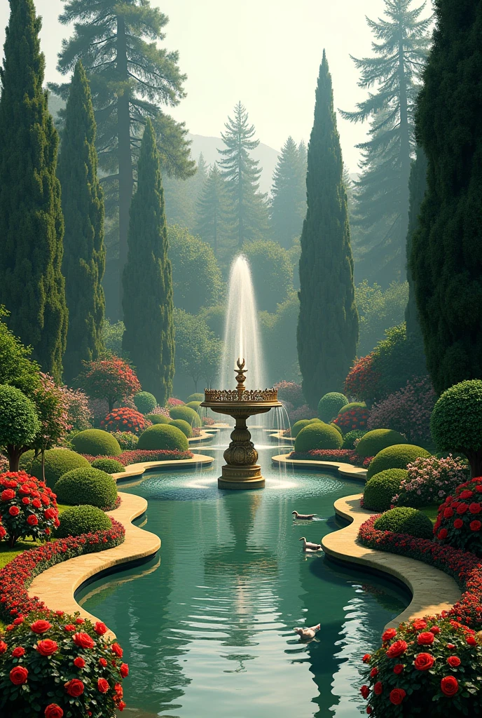 Create an image of a high society garden with highly complex arts, photo in 8k, with red roses and some bushes, some geese and pine trees around, with a fountain in the middle of a small lake