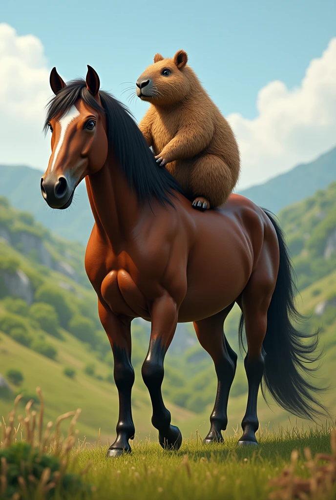 Draw a realistic capybara riding a realistic horse