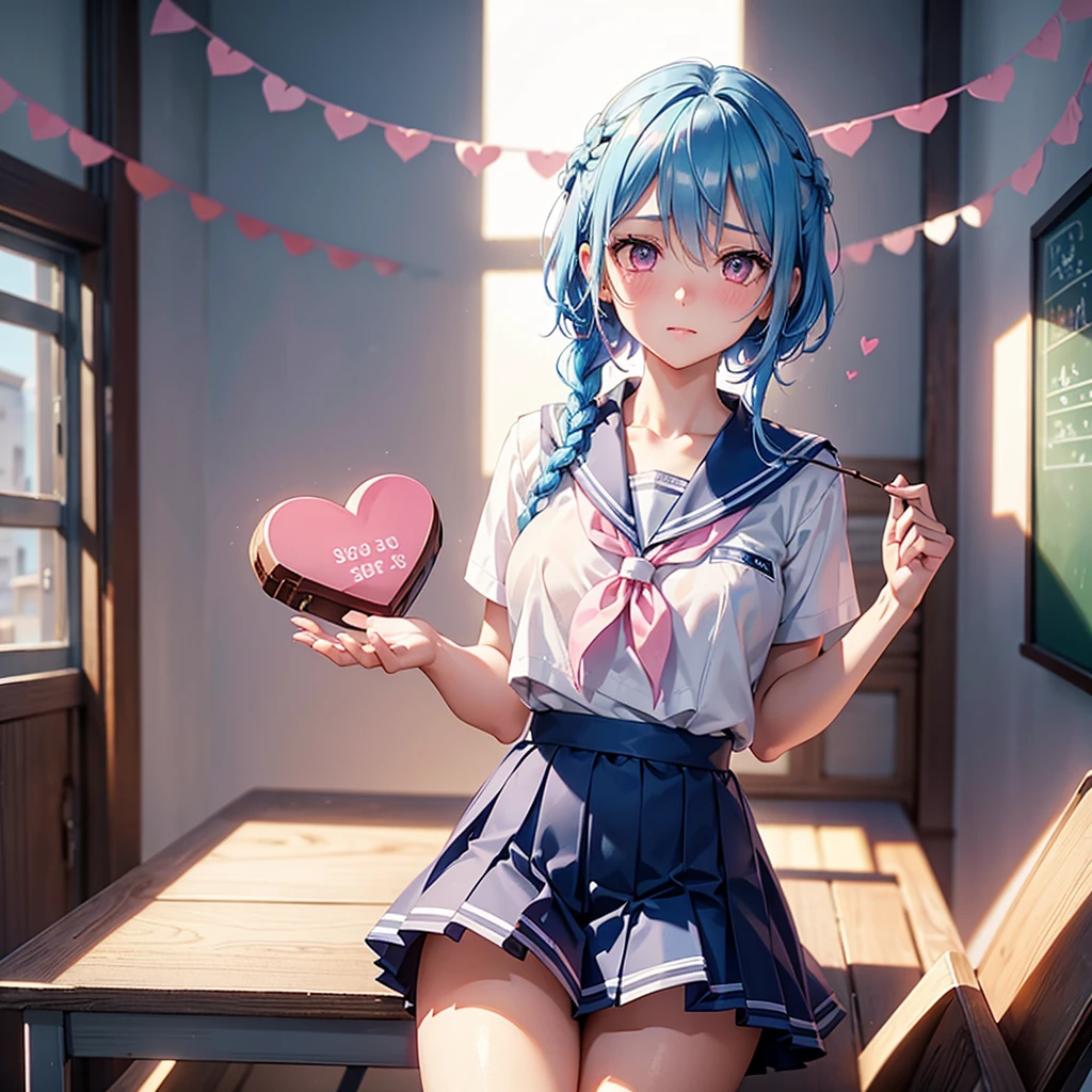 Sky blue hair,Braided short hair,Pink Eyes,Fair skin,whole body,one person,Embarrassed,The background is a school classroom,Heart lettering on a blackboard,Heart-shaped chocolate,Hand it forward with both hands,Sailor suit),valentineday,masterpiece, Highest quality, Very detailed, Best Shadow,Detailed Background,Beautifully detailed face,High Contrast,Best lighting,Very delicate and beautiful,Cinematic Light,Hyper Detail,8k,Dramatic Light, Intricate details,