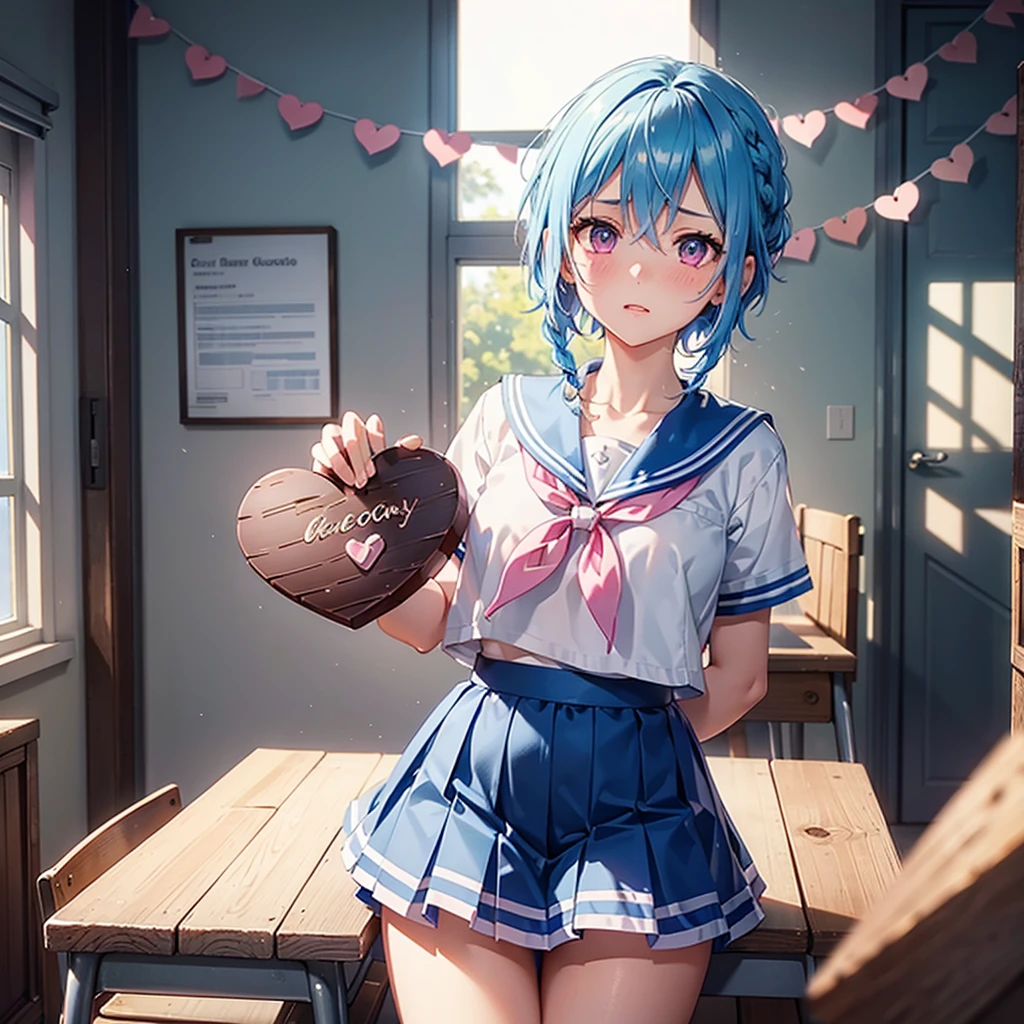 Sky blue hair,Braided short hair,Pink Eyes,Fair skin,whole body,one person,Embarrassed,The background is a school classroom,Heart lettering on a blackboard,Heart-shaped chocolate,Hand it forward with both hands,Sailor suit),valentineday,masterpiece, Highest quality, Very detailed, Best Shadow,Detailed Background,Beautifully detailed face,High Contrast,Best lighting,Very delicate and beautiful,Cinematic Light,Hyper Detail,8k,Dramatic Light, Intricate details,