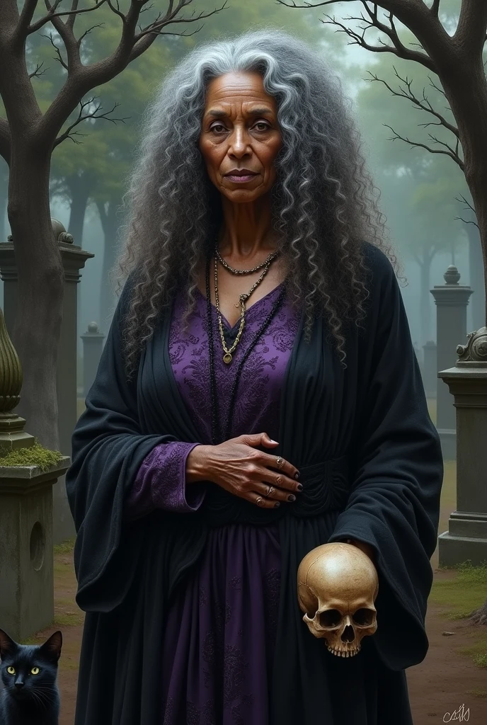 An old black Brazilian woman. Long slightly gray and very curly hair in a cemetery dressed in an old purple and black period dress. With a black cat and a skull