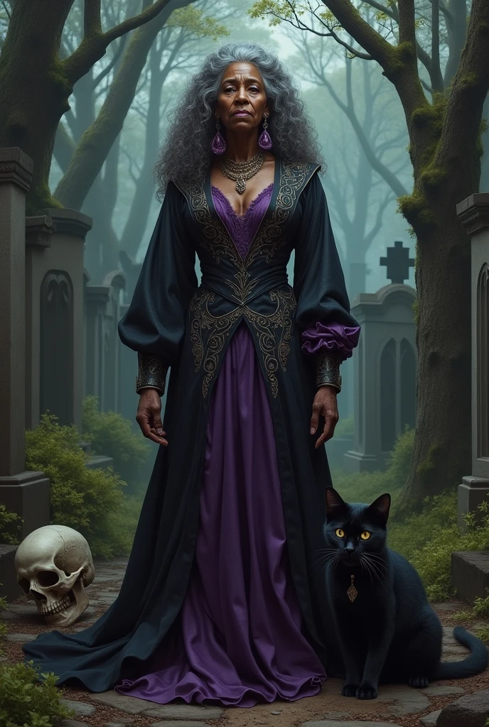 An old black Brazilian woman. Long slightly gray and very curly hair in a cemetery dressed in an old purple and black period dress. With a black cat and a skull