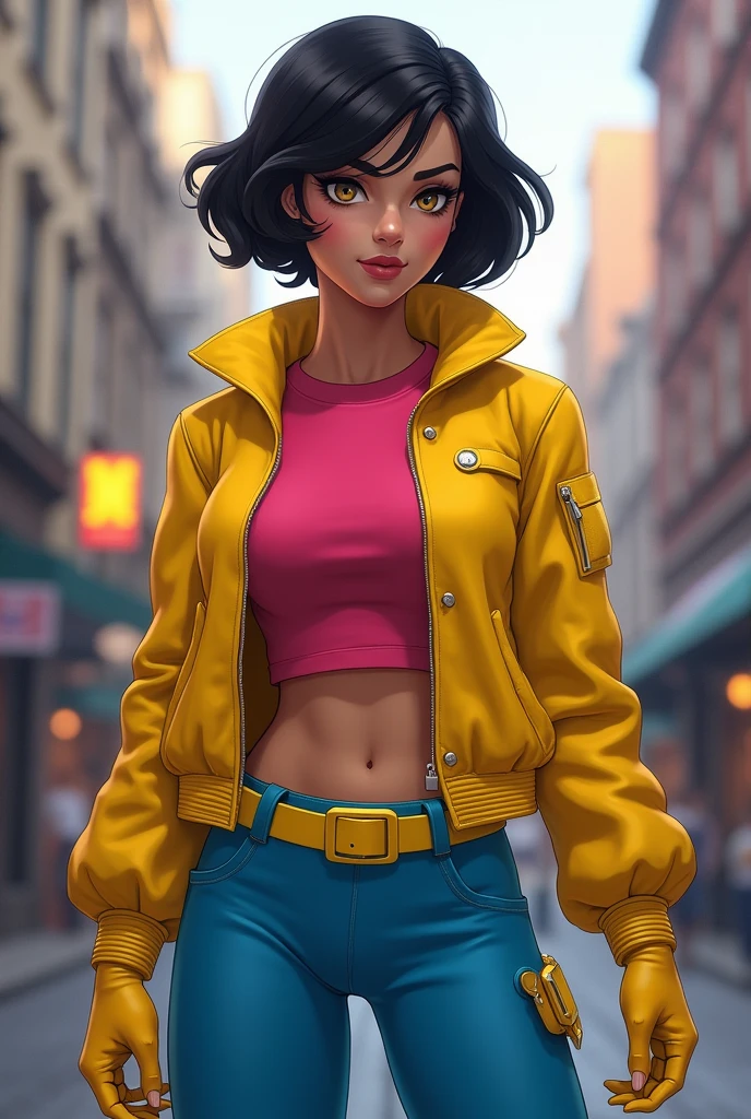 She is with an average height and a slender, athletic build. Jubilee has short black hair, often styled in a bob or pixie cut, and sometimes features colorful streaks. Her most iconic outfit includes a bright yellow jacket, which she often wears open. Underneath, she wears a pink or red t-shirt and tight blue shorts or pants. She completes her look with brightly colored boots or sneakers.