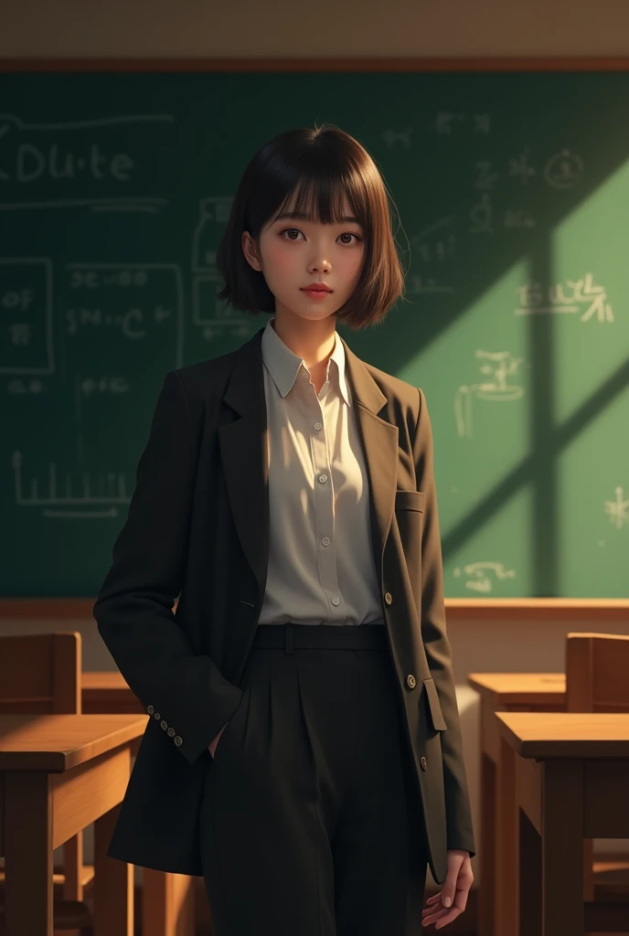 Beautiful Teacher、Japanese、blackboard、evening、Looking at the camera