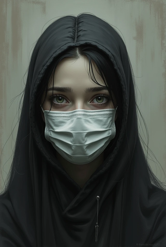 Create a drawn image with the subject behind the mask: The human face of insecurity
