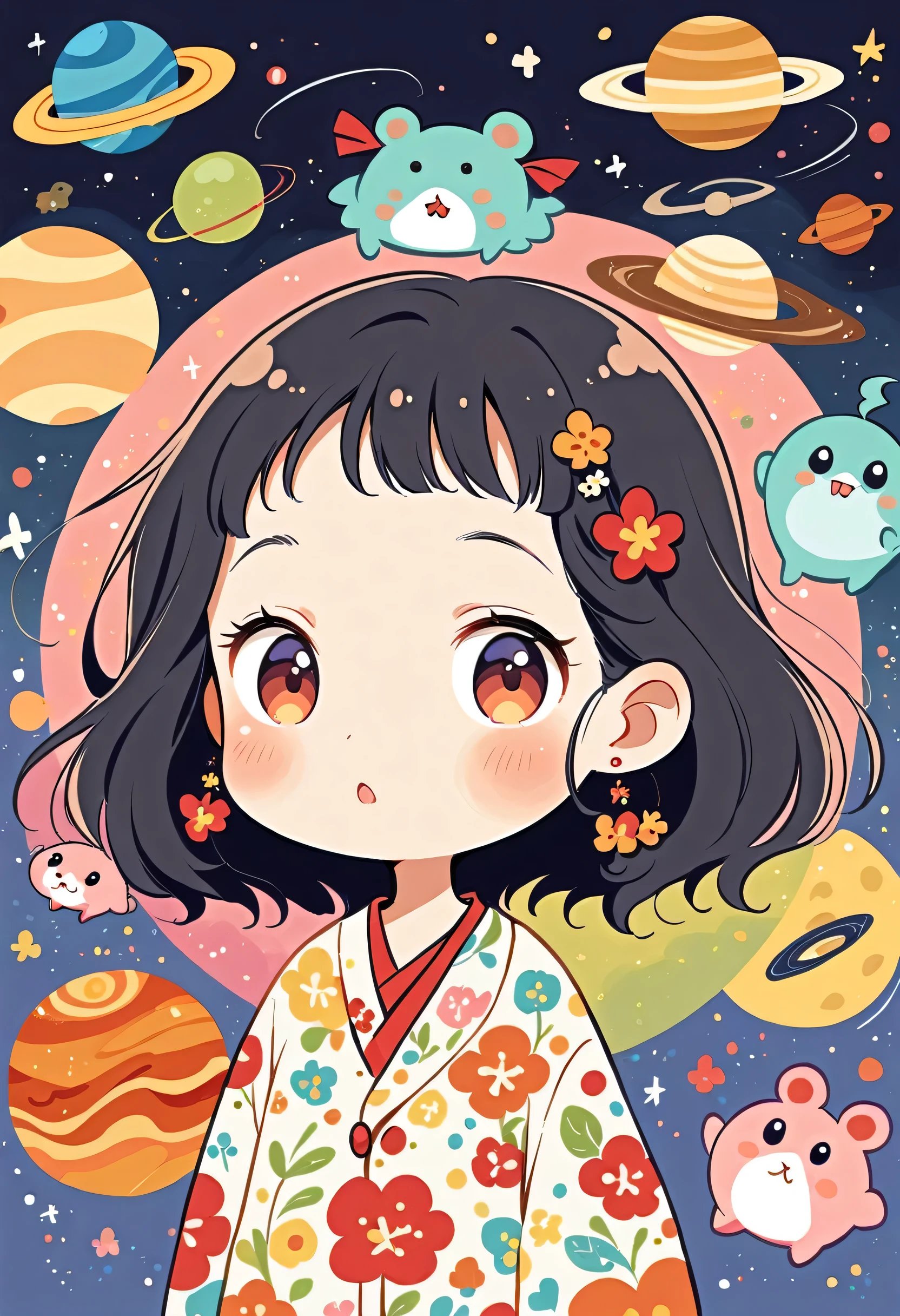 Hayao Miyazaki style, Kawaii Design, most beautiful girl ever、chibi, (((earthquake))), Lots of cute aliens, Saturn in the background