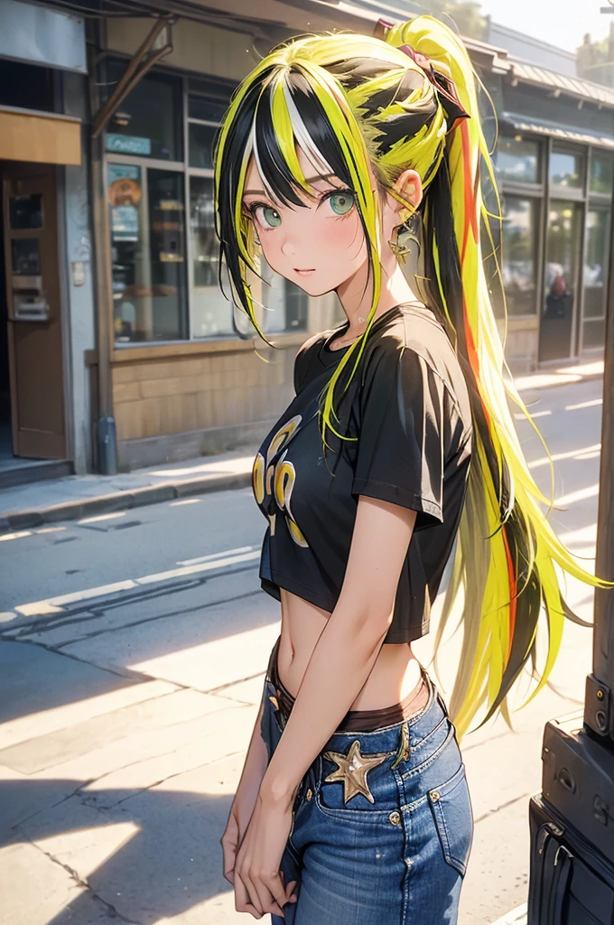 (highest quality:1.2, Very detailed, up to date, Vibrant, Ultra-high resolution, High Contrast, masterpiece:1.2, highest quality, Best aesthetics), Portraiture、girl、((20 years old:1.5)), solo, (slim:1.2), (black t-shirt), jeans shorts, crop top navel, (carrying a electric guitar case on her shoulder), Bright colors、Beautiful fine details、green eyes, Beautiful lip detail、long hair, (ponytail:1.3), green and yellow green hair, (streaked hair:1.6)), highlights hair: 1.5, (small breast,:1) (tan skin:1.2),city,((cowboy shot:1.5)), look at viewer