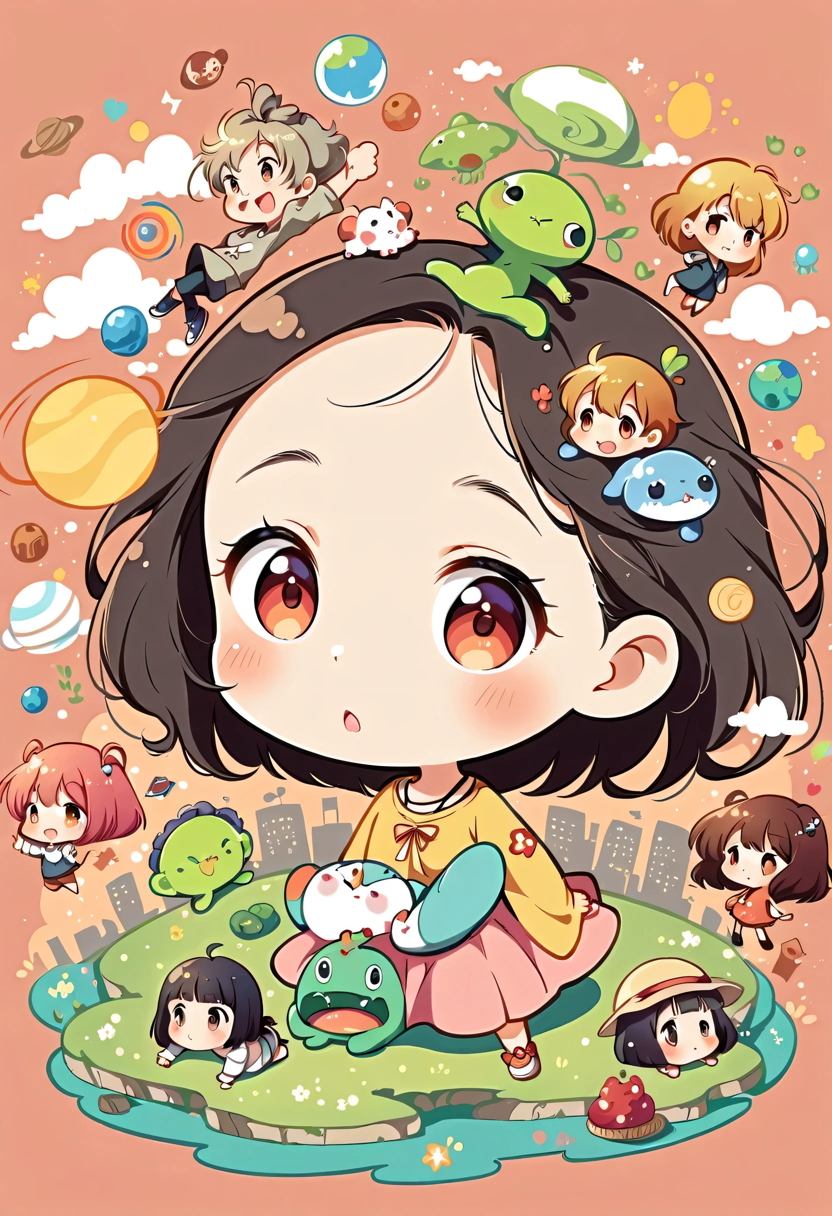 Hayao Miyazaki style, Kawaii Design, most beautiful girl ever、chibi, (((earthquake))), Lots of cute aliens, Saturn in the background