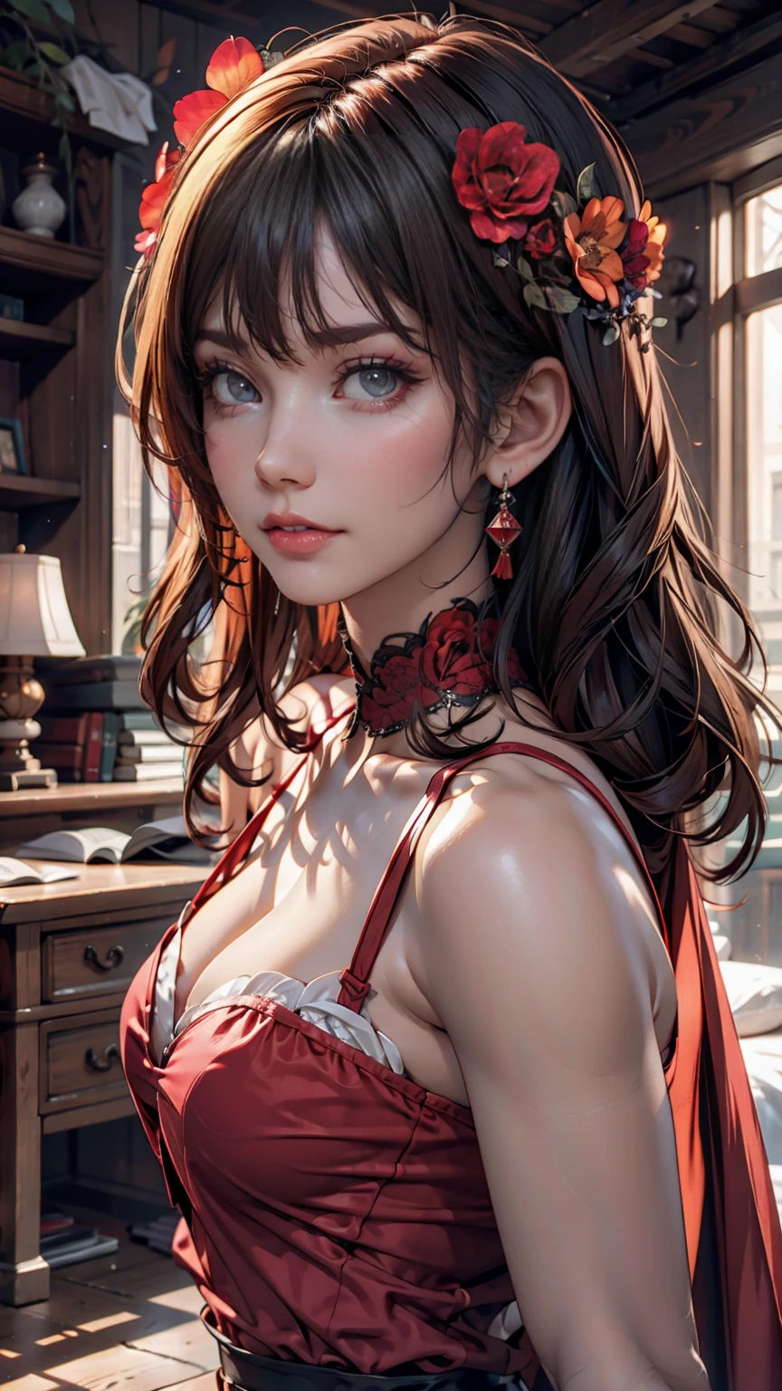 (masterpiece),(Highest quality:1.0), (Ultra-high resolution:1.0), Detailed illustrations, 8k, anime, One person, beautiful anime girl, Wearing a red dress, Flower Crown, Pretty face, Detailed face, Beautiful Eyes, Detailed eyes, Dark red eyes, Bright red lips, Red lipstick, Beautiful and stylish hair, Hair highlights, bangs anime style, Highest quality, Vibrant