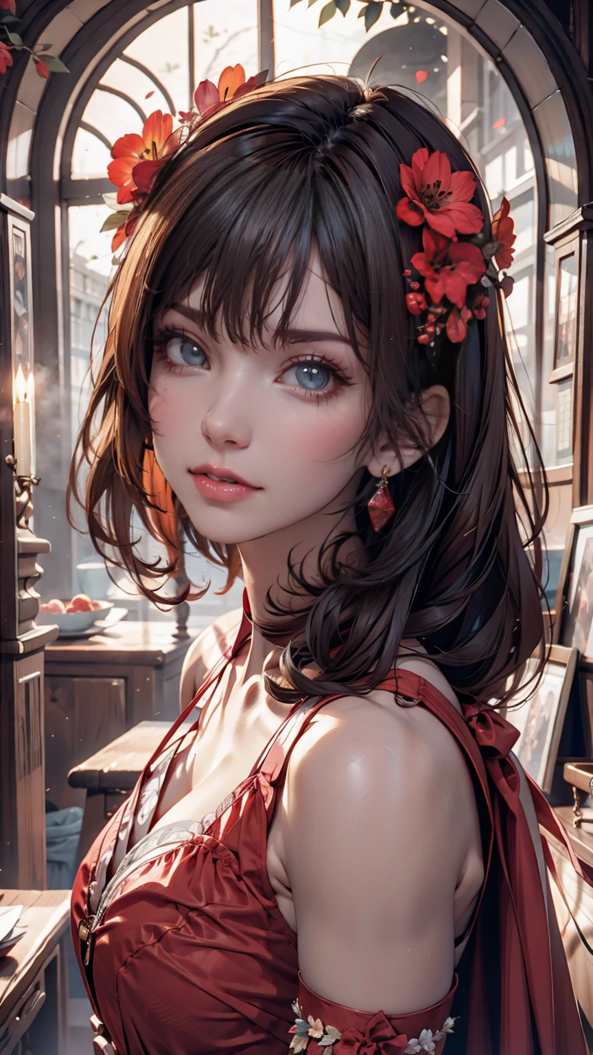 (masterpiece),(Highest quality:1.0), (Ultra-high resolution:1.0), Detailed illustrations, 8k, anime, One person, beautiful anime girl, Wearing a red dress, Flower Crown, Pretty face, Detailed face, Beautiful Eyes, Detailed eyes, Dark red eyes, Bright red lips, Red lipstick, Beautiful and stylish hair, Hair highlights, bangs anime style, Highest quality, Vibrant