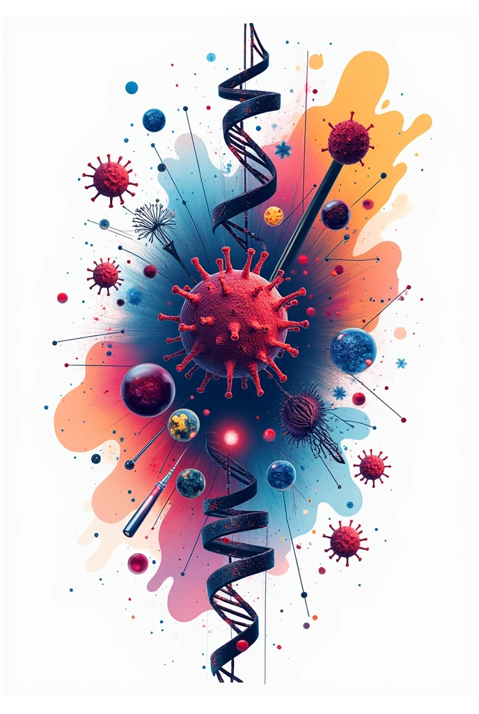 Could you make me an image like a logo or a shape that would be for a print on a robe?. That is related to biochemistry and microbiology, like bacteria with something else and stuff like that. Please make the background white and only the print appear.. It could be DNA or virus too. Microscopes or things like that. Let the print have pretty colors and be very eye-catching with innovative designs. That everything in the image is[and related 