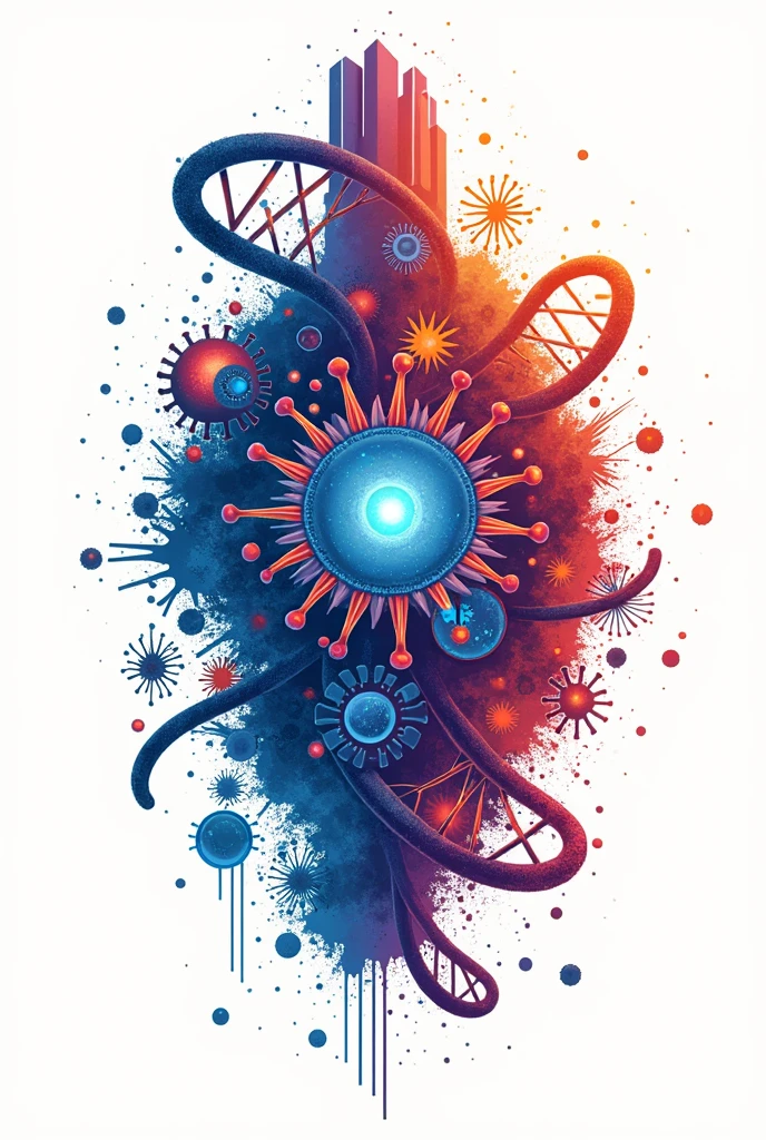 Could you make me an image like a logo or a shape that would be for a print on a robe?. That is related to biochemistry and microbiology, like bacteria with something else and stuff like that. Please make the background white and only the print appear.. It could be DNA or virus too. Microscopes or things like that. Let the print have pretty colors and be very eye-catching with innovative designs. That everything in the image is[and related