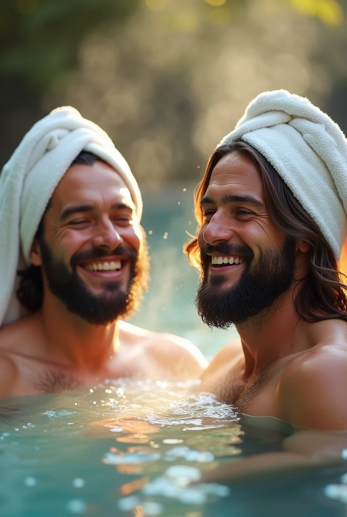 Jesus Christ and a Japanese man soaking in a hot spring. They smile happily with wise and benevolent faces. They have white towels on their heads. Surrounded by rainbow-colored light. It's steaming. Jesus of Nazareth is depicted as a gentle, gentle man with shoulder-length hair. His wavy brown hair flows over his shoulders. His face conveys deep wisdom and empathy, radiating warmth and understanding. The other man is depicted as a kind-hearted Japanese man with Buddha-like spiral hair and a calm and cheerful expression. The Japanese man's face conveys deep wisdom and empathy, exuding warmth and understanding. They are soaked up to their shoulders in hot springs. Mt. Fuji can be seen in the background. Photography, close-up, highly detailed, trending at the art station, sharp focus, studio shot, intricate details, Greg Rutkowski,