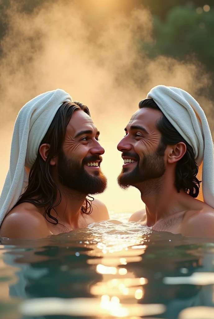Jesus Christ and a Japanese man soaking in a hot spring. They smile happily with wise and benevolent faces. They have white towels on their heads. Surrounded by rainbow-colored light. It's steaming. Jesus of Nazareth is depicted as a gentle, gentle man with shoulder-length hair. His wavy brown hair flows over his shoulders. His face conveys deep wisdom and empathy, radiating warmth and understanding. The other man is depicted as a kind-hearted Japanese man with Buddha-like spiral hair and a calm and cheerful expression. The Japanese man's face conveys deep wisdom and empathy, exuding warmth and understanding. They are soaked up to their shoulders in hot springs. Mt. Fuji can be seen in the background. Photography, close-up, highly detailed, trending at the art station, sharp focus, studio shot, intricate details, Greg Rutkowski,