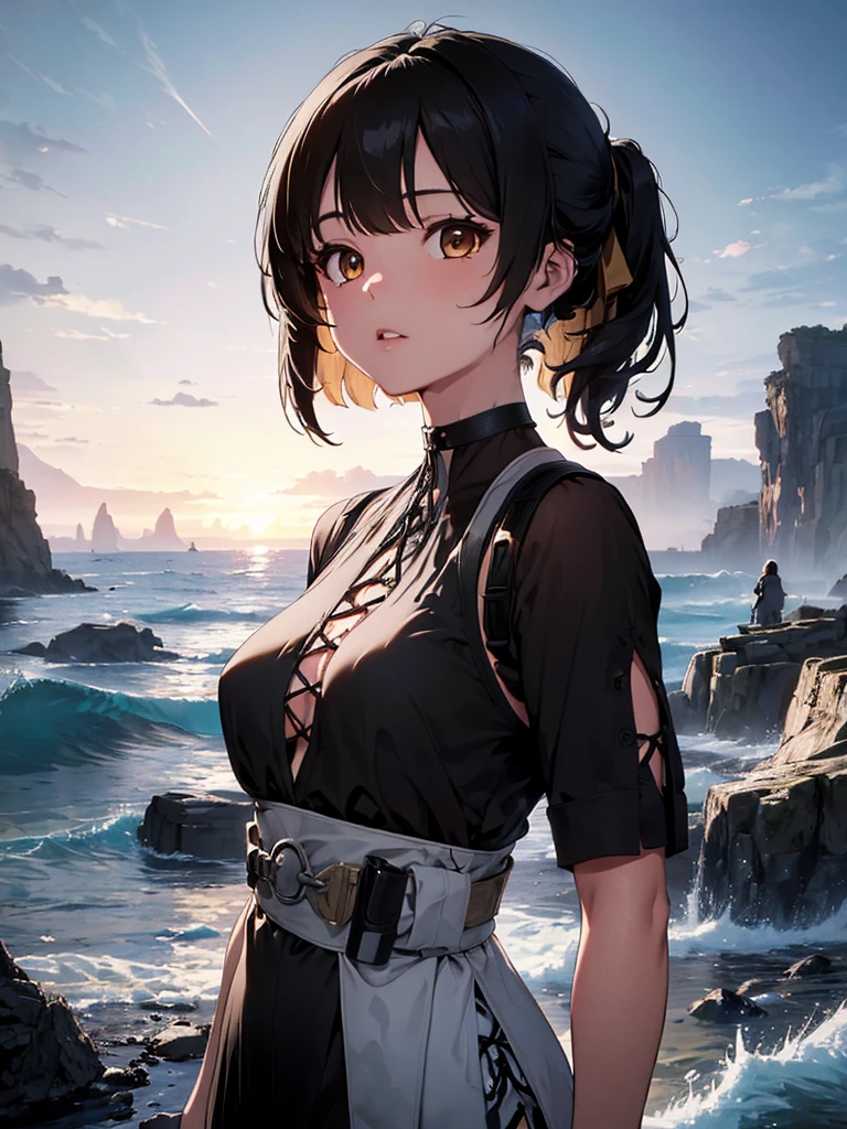 (masterpiece, ultra-detailed, high contrast, high resolution, official illustration)
Photo of the upper body of a beautiful with small breasts. She looks like the character Female Rover from the computer game Wuthering Waves. He has black hair and golden eyes.
