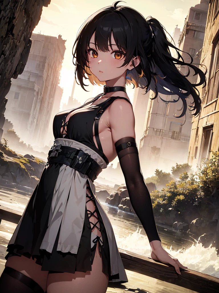 masterpiece, best quality, highres, aayorf, sidelocks, gold hairband, hair ornament, red eyes, gold earring, large breasts, choker, bare shoulders, black dress, two-sided dress, fingerless gloves, thigh boots, cowboy shot, standing, field, from side,