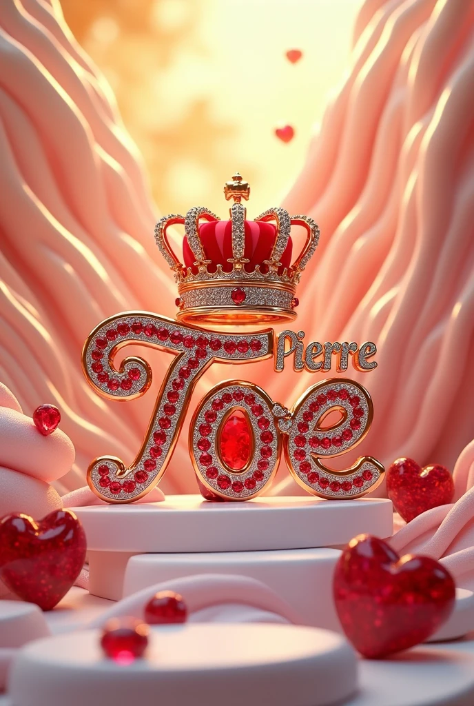 3D, une touche colorée d'or et de blanc, avec le texte en or rose Pierre Toe écrit en diamants. Inclure des rubis et des diamants et une couronne