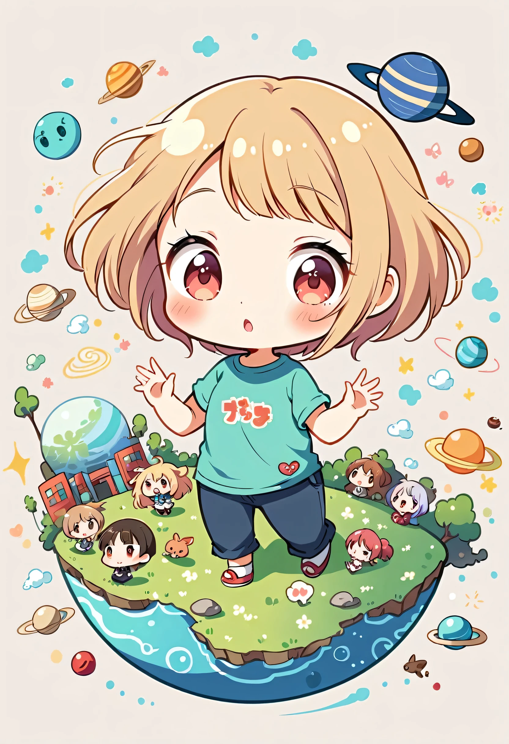 Hayao Miyazaki style, Kawaii Design, most beautiful girl ever、chibi, (((earthquake))), Lots of cute aliens, Saturn in the background