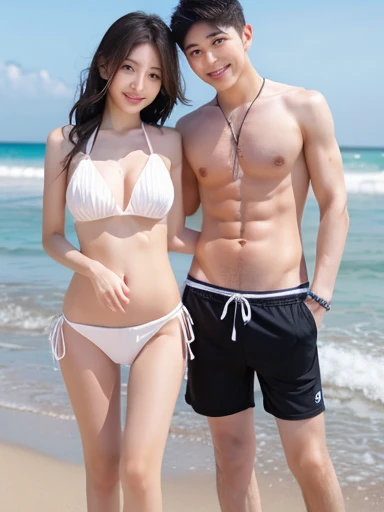 A beautiful young mother and her handsome teenage son,Looks similar,love,Wear a white bikini,beach