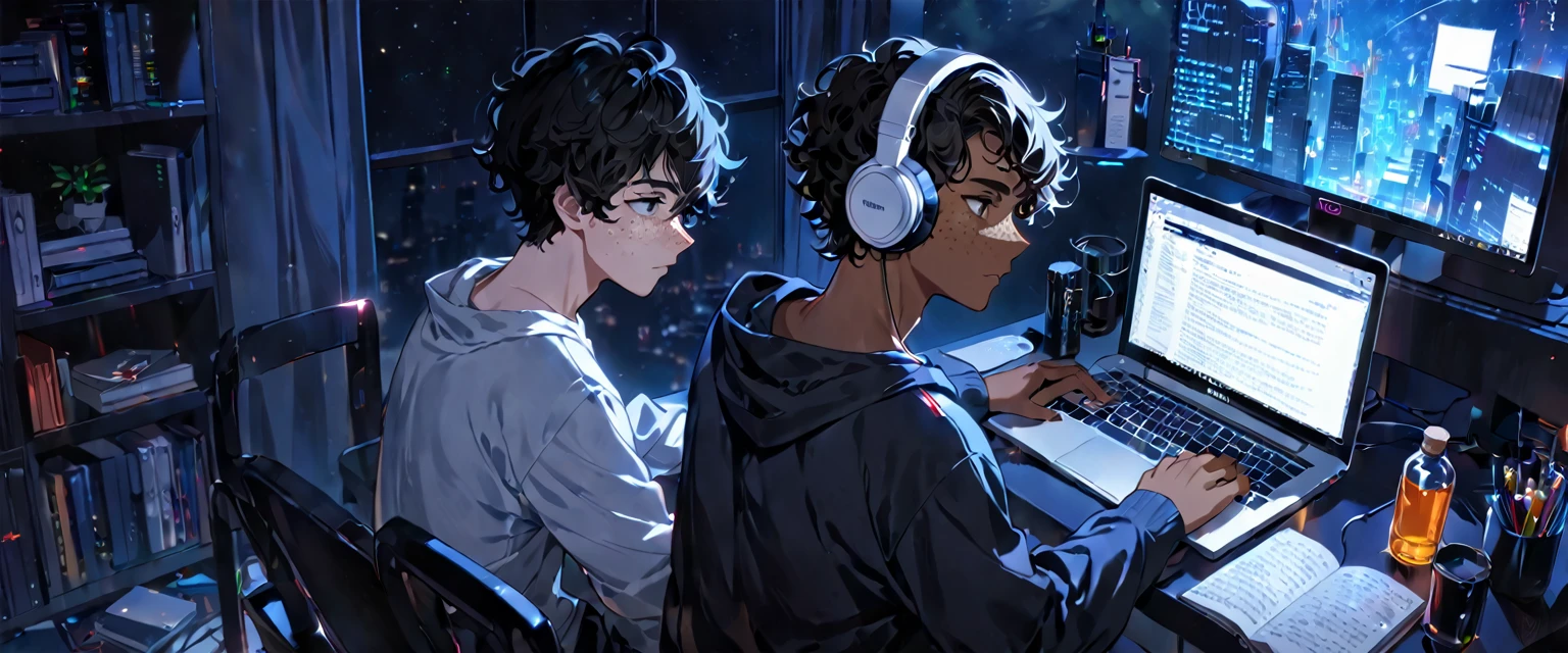 ((Boy)), ((Dark Skin)), ((Freckles on Face)), black curly hair, white streak, ((Studying)), bedroom, ((Calm)), ((Chill)), ((Headphones)), ((Laptop)), ((Monitor)), Night, Bottle, Desktop, ((Hacking)), ((Hacker)), Tech, HD, High Resolution, 4K