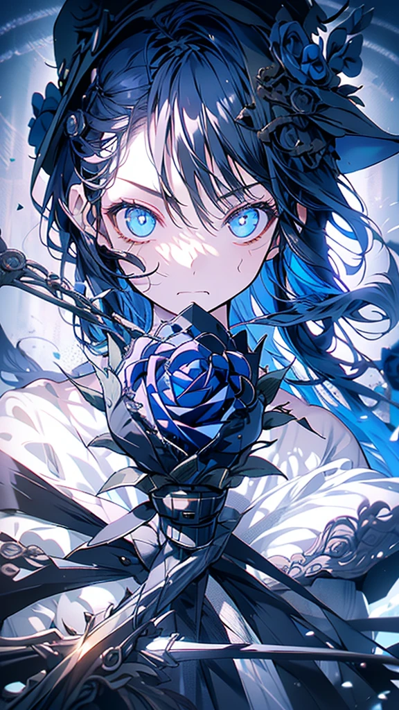 masterpiece、20 year old 1 girl、Black Hair、Long Hair、Blue eyes、Angry Face、Black suit、(((Blue Rose)))、(Rose Background)、Upper Body、((focus on her face))