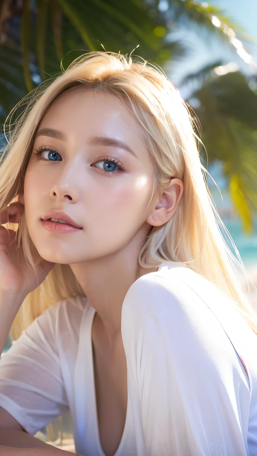 An innocent 20-year-old beautiful platinum blonde、Beautiful, shiny, super long, natural platinum blonde hair、Bangs between the eyes falling on the face、((Wearing an open white T-shirt,Dramatic Pose)),Sexy look,Super long straight blonde silky hair,dazzling blonde reflected light、Bed Background,Beach Background、RAW Photos, (8k、Highest quality、masterpiece:1.2)、(Intricate details:1.4)、(Realistic:1.4)、Octane Rendering、Intricate 3D rendering Super Detailed, Studio Soft Light, Rim Light, Sharp details, Super Detail, Realistic skin texture, Cheek gloss highlighter、Detailed aspect, Very beautiful big bright light blue eyes, Very big eyes、Highly detailed CG Unity 16k wallpaper, Perfect small face beauty、Round face、compensate, (Detailed Background:1.2), Glowing Skin, whole body、From head to thighs、Cleavage,((Sleeping on your back、Angle of view from above))