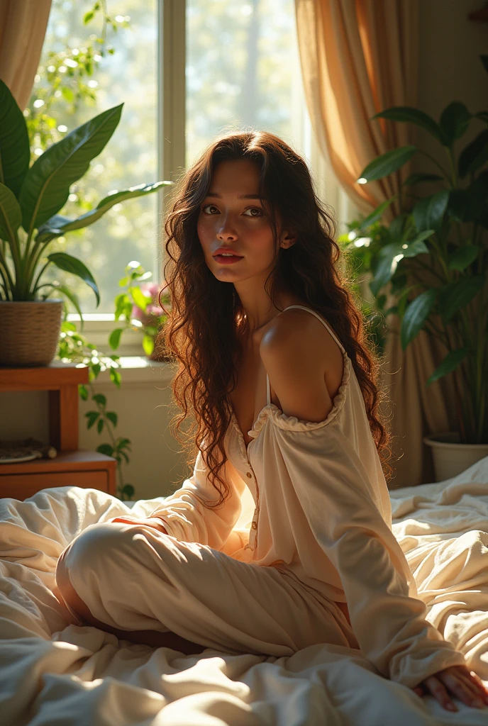 (photorealism:1.2), beautiful woman, sitting on bed, wearing loose off-shoulder top, pajama pants, long curly hair, indoors, soft lighting, plants in background, window with sunlight, cozy room, relaxed pose, realistic, intricate details, warm colors, by Greg Rutkowski, by Alphonse Mucha