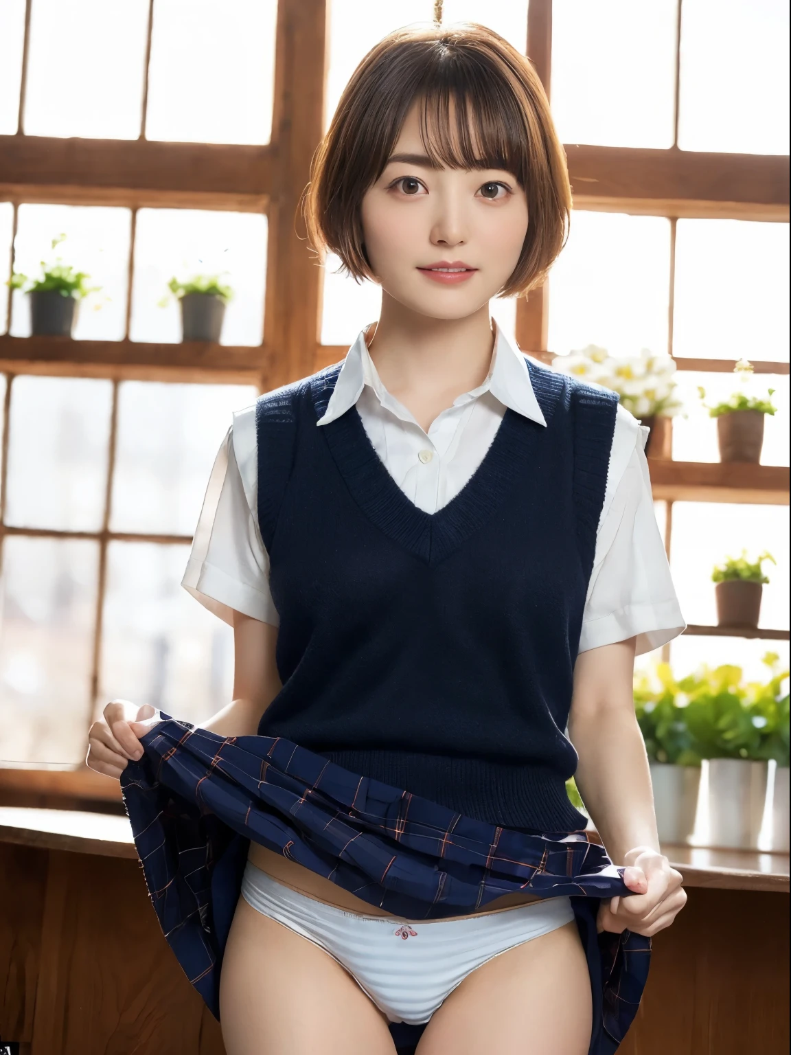 (masterpiece:1.2, highest quality), (realistic, photorealistic:1.4), beautiful illustrations, (natural side lighting, movie lighting), Depth of written boundary,
looking at the viewer, Front view, 1 girl, English, high school girl, , perfect face, Cute symmetrical face, shiny skin, open legs,
(bob hair:1.7,blonde), asymmetrical bangs, Big eyes, droopy eyes, long eyelashes chest), thin,
beautiful hair, beautiful face, fine and beautiful eyes, beautiful clavicle, beautiful body, beautiful breasts, beautiful thighs, beautiful feet, beautiful fingers,
((fine fabric texture, brown knit vest, short sleeve white collar shirt, navy pleated skirt, Navy bow tie)),
(beautiful scenery), evening, (Inside the flower shop), Are standing, (smile, Upper grade, open your mouth), (((skirt lift, white panties, genitals visible))), full body shot, dark blue socks, sexy face,