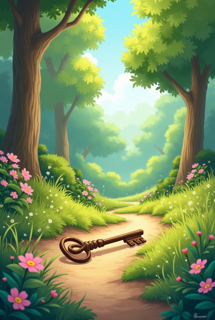 The surroundings are covered with trees and flowers are blooming. On that road, a key is stuck in the ground. A relaxed illustration of nature. A little cute key.