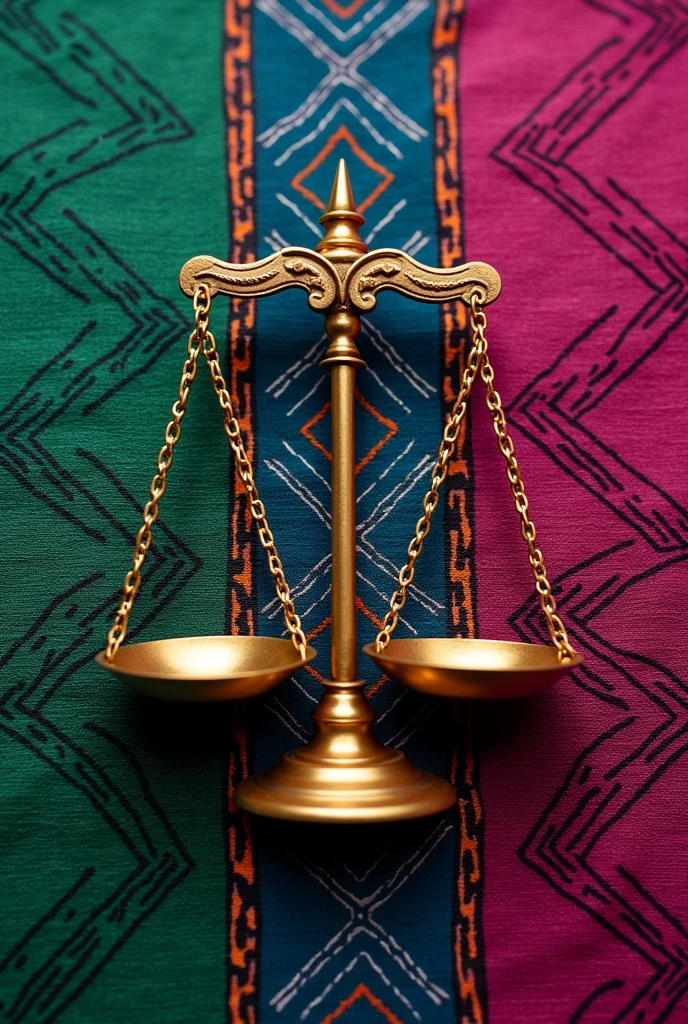 Political campaign logo for judicial election that has to do with scales of justice in green and fuchsia colors and Andean Aguayo background